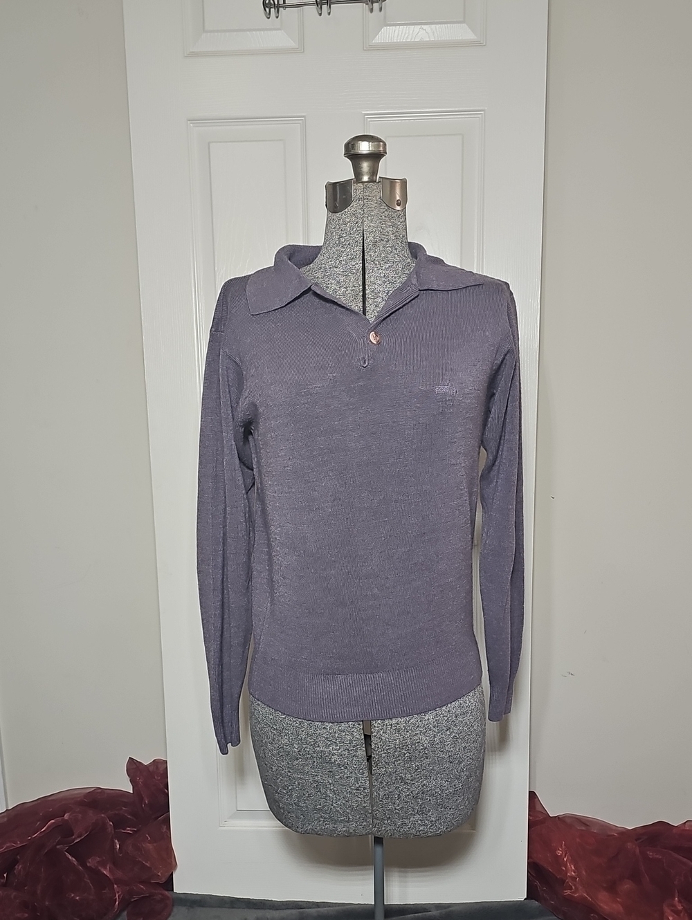 Vintage Fortei Italian Knit Polo Sweater Long Sleeve Purple Gray Size 2 Fits S